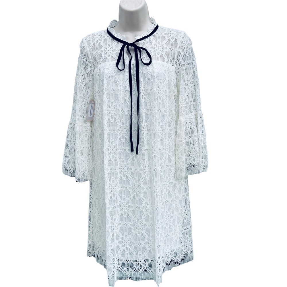 Lace Overlay Short Mini Dress Black Neck Tie flare bell 3/4 sleeve
